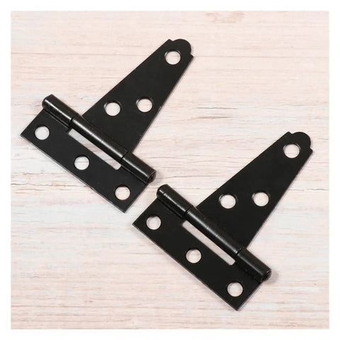 2 Pack Adjustable T Shape Door Hinges 2 Inch Iron Light Duty Shed Hinges on wood surface