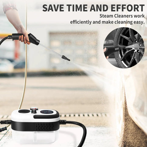 Supercharged Handheld Steam Cleaner With Beast Mode 2500 Watt Power and Snappy 15 Second Heat Up, featuring a nozzle spraying water.