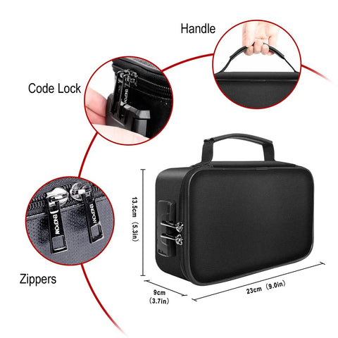 Small Fireproof Storage Organizer Case With Lock 9 By 5.3 By 3.7 Inch 3 Layer Money Safe Wallet Bag For Cash Cards Passport Checks Bills Travel Home Organizer Carrying Case Black For Travel Or Home Use with handle, code lock, and zippers.