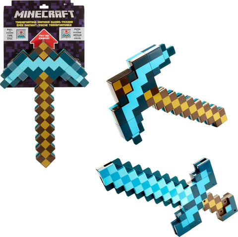 Minecraft Transforming Diamond Sword And Pickaxe 2-In-1 Toy For Kids showing pickaxe and sword transformation angles