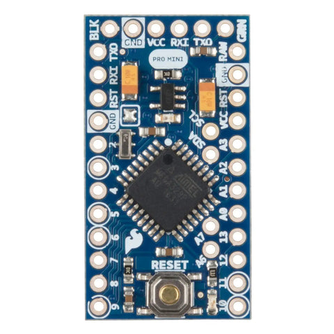 Top view of 3.3V 8MHz Pro Mini ATmega328 Development Board for Arduino, no USB, with solder points and FTDI Basic Breakout compatibility.