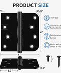 Top Notch Four Inch Ball Bearing Door Hinges In Deep Matte Black With Full Fastener Kit For Buttery Smooth Heavy Duty Exterior Gate And Fence Swing Install Featuring Rounded Or Square Corner Styles Built Tough For Reliable Daily Use, showing dimensions and corner styles.