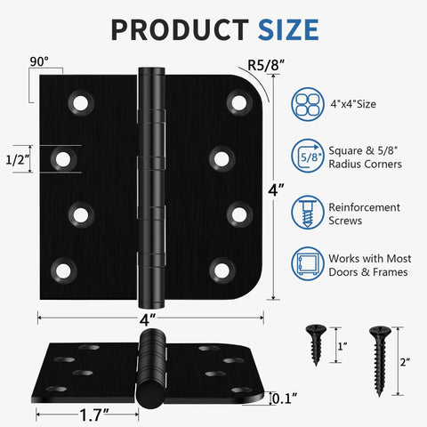 Top Notch Four Inch Ball Bearing Door Hinges In Deep Matte Black With Full Fastener Kit For Buttery Smooth Heavy Duty Exterior Gate And Fence Swing Install Featuring Rounded Or Square Corner Styles Built Tough For Reliable Daily Use, showing dimensions and corner styles.