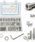 1080 Pieces M3 Stainless Steel Hex Socket Cap Screws Kit With Wrench For DIY Projects Machinery Bikes And Home Repairs Durable Fasteners With Precise Threads And Corrosion Resistant Finish. Open organizer with M3 stainless steel screws, nuts, washers, and wrench