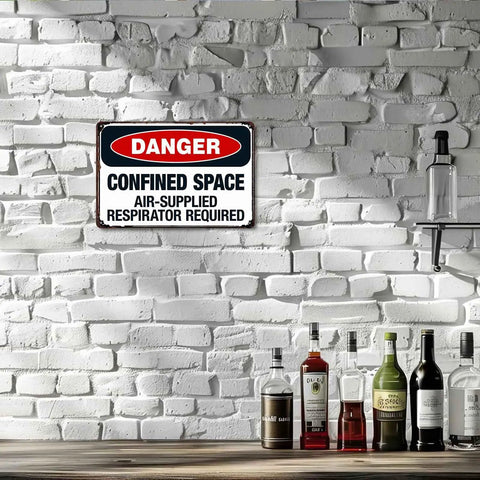 Vintage Danger Confined Space Metal Sign 8x12 Inch Wall Decor For Garage Home Bar Kitchen Office Porch Dope Industrial Vibe Durable Metal Wall Art For Man Caves on white brick wall