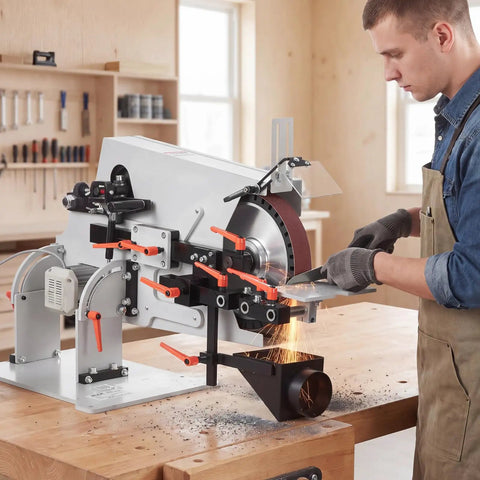 User operating VEVOR 1500W Belt Grinder Sander With VFD Variable Speed Control 72X2 Inch Polisher Knife Making Machine.