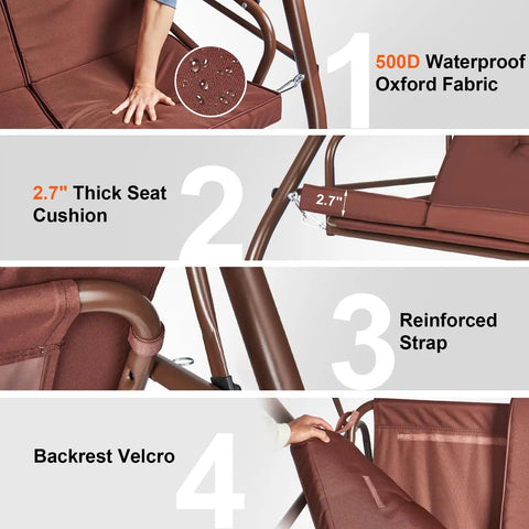 Four-section view of Three Seat Outdoor Patio Swing Chair With Adjustable Canopy And Removable Thick Cushion details