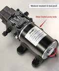 12V Diaphragm Water Pump 1.5 GPM At 100 PSI Self Priming DC Fresh Water Pump with metal sealed pump body and labels visible