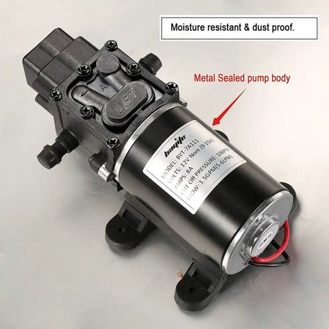 12V Diaphragm Water Pump 1.5 GPM At 100 PSI Self Priming DC Fresh Water Pump with metal sealed pump body and labels visible