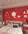 Red Glossy Peel And Stick Wallpaper Vinyl Wrap With Glitter Finish in a bedroom wall, self-adhesive, waterproof, for DIY decor.