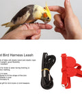 Lightweight Bird Harness Leash For Small To Medium Birds With Anti Bite Safety, red harness and black leash next to a bird on a hand.
