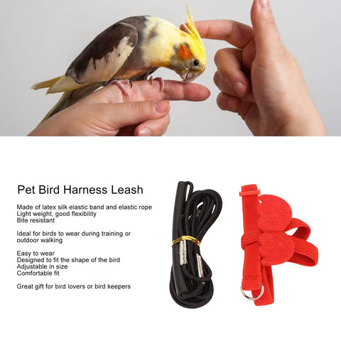 Lightweight Bird Harness Leash For Small To Medium Birds With Anti Bite Safety, red harness and black leash next to a bird on a hand.