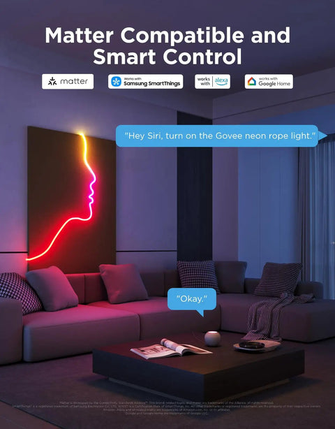 Living room with Matter-compatible RGBIC Neon Rope Lights 32.8Ft on wall, Alexa and Google Assistant smart control, flexible softer material.