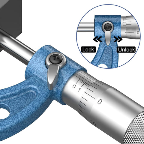 Close-up of Outside Micrometer 0-1 Inch with 0.0001 Inch Graduation showing lock mechanism and detailed scale markings