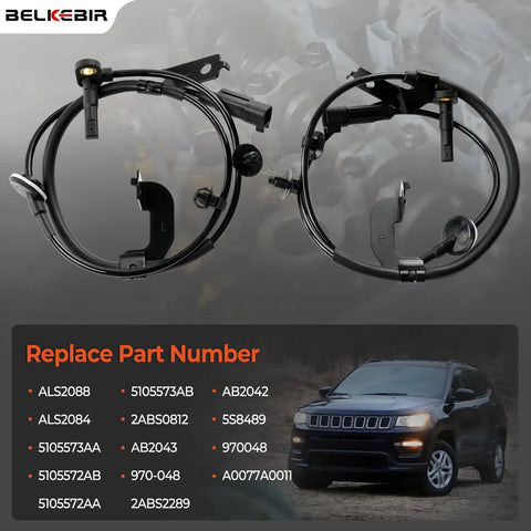 Top Tier Plug And Play Front Abs Wheel Speed Sensor Pair For Jeep Compass Patriot Dodge Caliber, showing durable black wiring and connector.