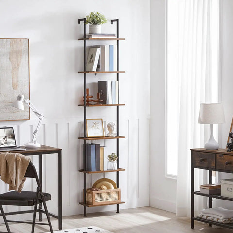 Top Tier 6 Tier Ladder Shelf Wall Mounted Wooden Bookcase Rustic Brown Black Storage Rack Plant Display Stand Killer Quality Game Changer Space Saver For Living Room Or Bedroom