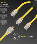 Generator Power Splitter Cord NEMA L5-30P To 3x 5-15R And 5-20R Household Outlets 25 Ft yellow extension cord with clear plugs