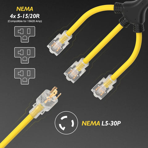 L14-30P Generator Adapter Cord To 4 X 5-15R And 5-20R, yellow cord with multiple plug ends, electrical diagram in background.
