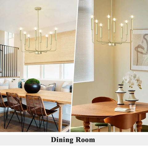 Totally Chic Modern Farmhouse Gold 8 Light Chandelier illuminating dining rooms with candle-style bulbs and rustic industrial design.
