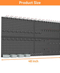 Metal Pegboard Kit For Wall And Garage Storage With Accessories And Hooks, showing 48x24 inch black steel modular panel with hooks and bins.