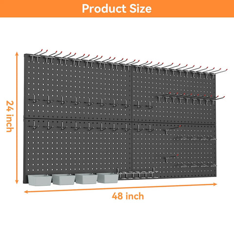 Metal Pegboard Kit For Wall And Garage Storage With Accessories And Hooks, showing 48x24 inch black steel modular panel with hooks and bins.