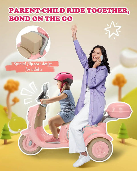 12V Dual Motor Ride On Motorcycle For Kids With Two Seats Pink Electric Moped, two riders with flip-up rear seat
