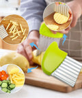 Crinkle cutter knife set with green handle; stainless steel blades, includes 1 slicing fork and 3 wavy blades for potatoes and carrots