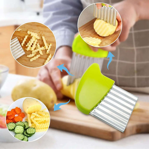 Crinkle cutter knife set with green handle; stainless steel blades, includes 1 slicing fork and 3 wavy blades for potatoes and carrots