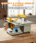 Compact all in one lapidary and jewelry polisher with 0 to 10000 RPM benchtop grinder and blades on a workbench.
