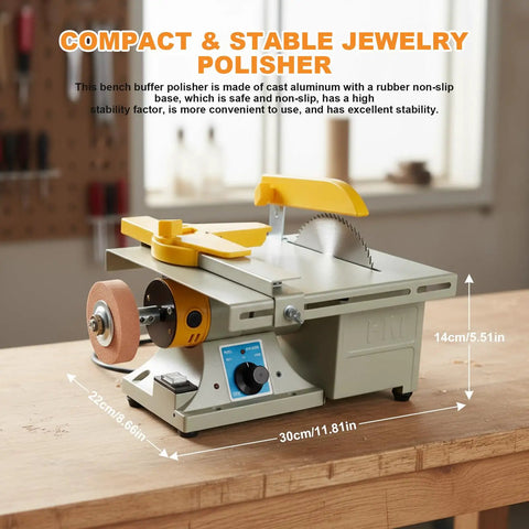 Compact all in one lapidary and jewelry polisher with 0 to 10000 RPM benchtop grinder and blades on a workbench.