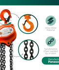 Hand Chain Hoist 2200 Lb, 10 Ft Lift, Dual Hooks, Forged Locks 4 To 1 Safety, orange hoist with hook and chains