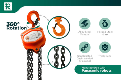 Hand Chain Hoist 2200 Lb, 10 Ft Lift, Dual Hooks, Forged Locks 4 To 1 Safety, orange hoist with hook and chains