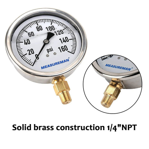 4 Inch Glycerin Filled Plumbing Pressure Gauge Zero To One Hundred Sixty Psi With Stainless Steel Case One Quarter Inch NPT Lower Mount
