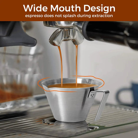 Two Pack Stainless Steel Espresso Cups With Handle, Double Spout Measuring Cup With Dual Scale, V Shaped Mouth, 3.4oz 100ml