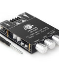 Two Channel 100W Per Side Amplifier Board For DIY Wireless Speakers With Treble And Bass Control DC Nine To Twenty Four Volt Bluetooth And AUX Inputs Password Free Stereo Amp Board, close-up view with screwdriver