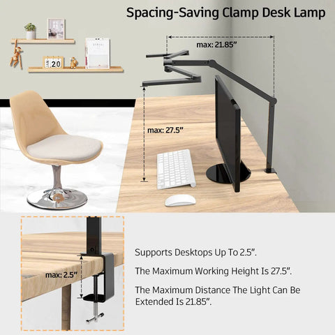 Transformable LED Desk Lamp with Clamp, 41.5 Inch Architect Style illustrating maximum extension and clamp details.