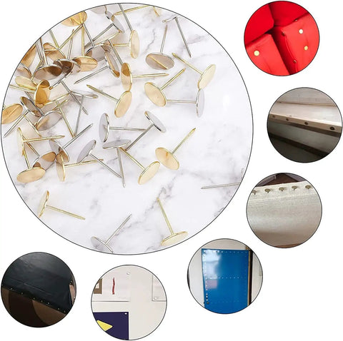 Rugged 50 Piece Silver Upholstery Nail Caps For Couches And Headboards Quick Snap Fit displayed on marble background with various angles.