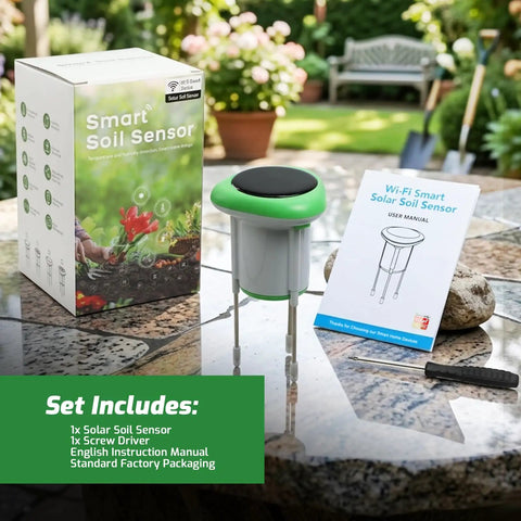 Smart Soil Moisture Meter 3 In 1 Soil Tester For EC Temp And Moisture Wireless Plant Monitor With App Pro Grade Solar Powered High Precision Digital Soil Sensor For Indoor Outdoor Garden And Lawn, with box and manual