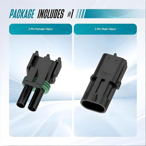 Premium 2 Pin Automotive Waterproof Connector Kit With Removal Tool Sealed Male Female Terminals For Car Truck Marine Boat Motorbike Wiring Repairs Fits 14-18 AWG Heavy Duty Electrical Harnesses, 2-pin male and female plugs