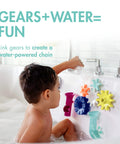 Child playing with Cogs Spinning Gear Bath Toys Set For Bathtub Navy And Yellow 5 Count Suction Toys on bath wall