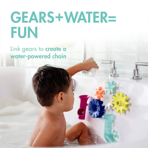 Child playing with Cogs Spinning Gear Bath Toys Set For Bathtub Navy And Yellow 5 Count Suction Toys on bath wall