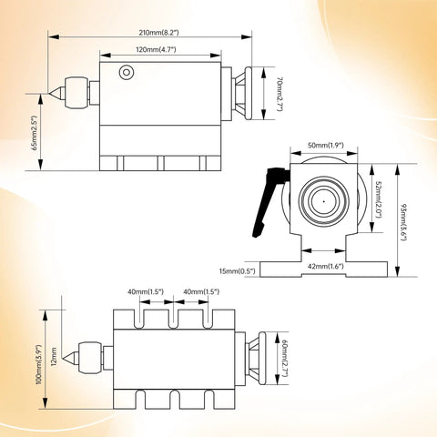 Heavy Hitter CNC Router Fourth Axis Rotary Table dimensions drawing showing size specifications and detailed measurements.