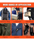 Zipper Repair Kit With Slider Fix Tool Quick Zip Replacement Instant Zipper Mending Set Slider Substitute Pack Repair Kit for Jackets Bags and Travel Gear Easy DIY Fix. Image shows applications on sports bags, luggage, handbags, pants, jackets, shoes.