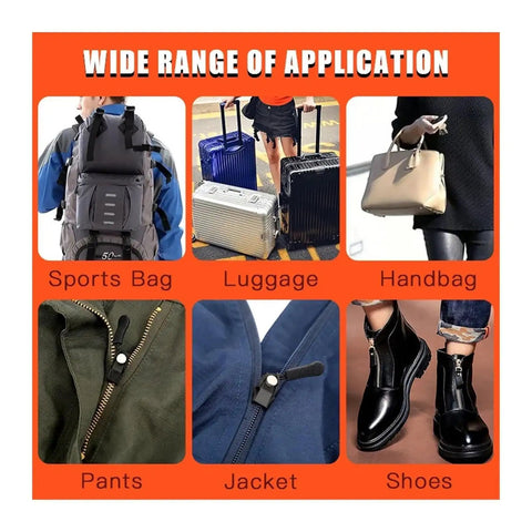 Zipper Repair Kit With Slider Fix Tool Quick Zip Replacement Instant Zipper Mending Set Slider Substitute Pack Repair Kit for Jackets Bags and Travel Gear Easy DIY Fix. Image shows applications on sports bags, luggage, handbags, pants, jackets, shoes.