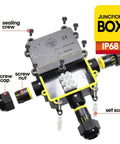 Outdoor Waterproof IP68 Junction Box With 3 Way M25 Connector showing parts including sealing, screw caps, and nuts