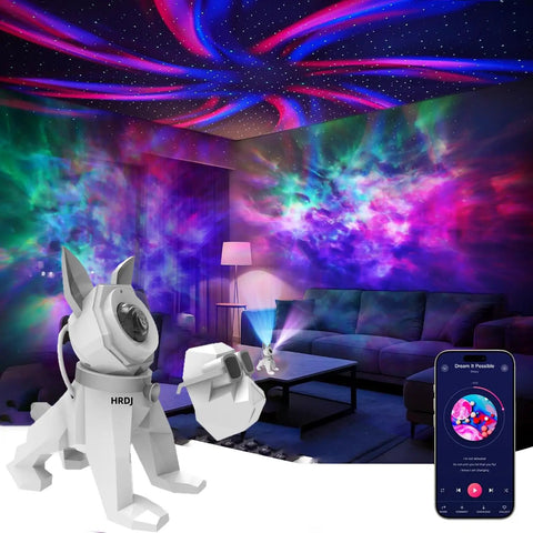 Room with colorful auroras from Galaxy Projector Night Light With Music Sync And White Noise 9 Sounds Timer And RF Remote.