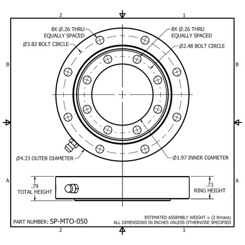 Technical drawing of Beefy Slewing Bearing Interchange for Turntables, 4.33 In OD, 1.97 In ID, .79 In Height with dimensions labeled
