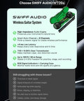 Wireless Guitar System 2.4GHz Transmitter Receiver With Smart Auto Pairing, Less Than 4ms Latency in green case next to brochure.