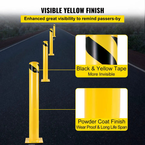 Tough As Nails 48 Inch Steel Safety Bollard Post In Bright Yellow Finish with black tape for high visibility on driveways.