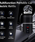 On The Go 12V/24V Car Travel Kettle With 420ml Capacity, Magnetic Stirring, shown installed in car with features highlighted